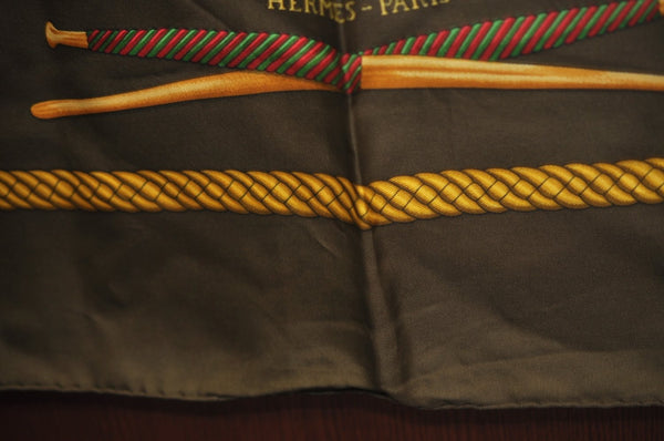 Authentic HERMES Carre 90 Scarf "LES TAMBOURS" Silk Brown K7851