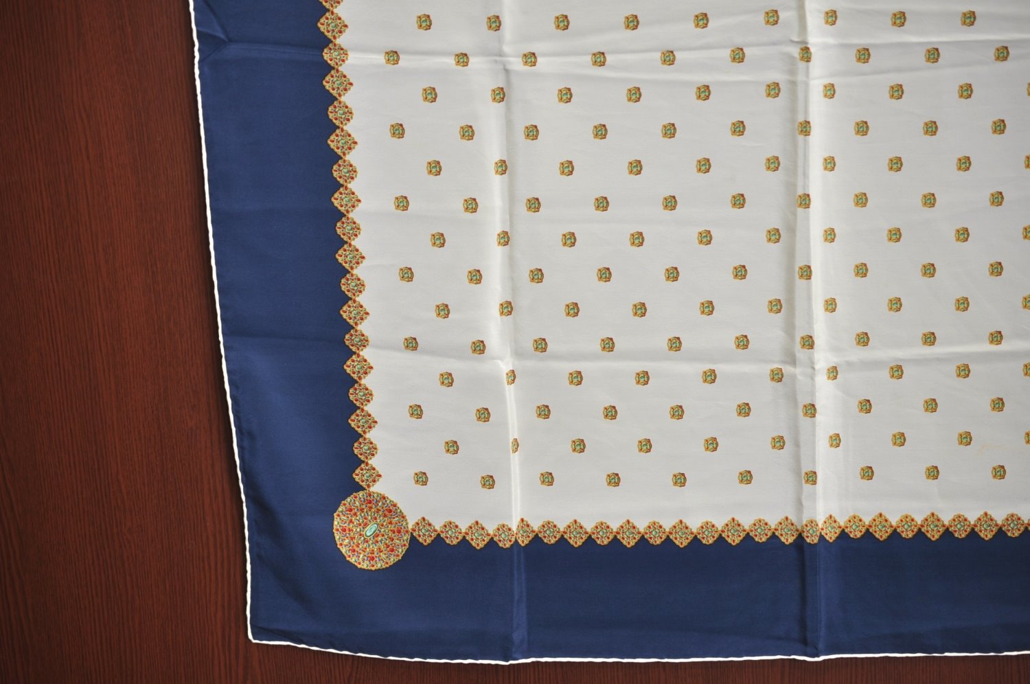 Authentic CHANEL Vintage Scarf Jewel Motif CC Logo Silk White Navy Blue K7895