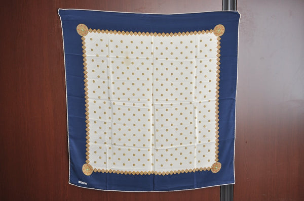 Authentic CHANEL Vintage Scarf Jewel Motif CC Logo Silk White Navy Blue K7895