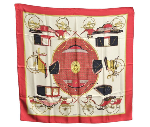Authentic HERMES Carre 90 Scarf "LES VOITURES A TRANSFORMATION" Silk Red K7921