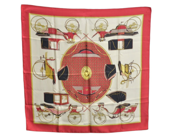 Authentic HERMES Carre 90 Scarf "LES VOITURES A TRANSFORMATION" Silk Red K7921