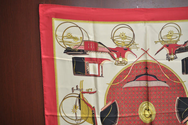 Authentic HERMES Carre 90 Scarf "LES VOITURES A TRANSFORMATION" Silk Red K7921