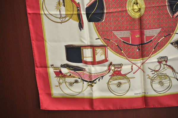 Authentic HERMES Carre 90 Scarf "LES VOITURES A TRANSFORMATION" Silk Red K7921