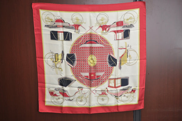 Authentic HERMES Carre 90 Scarf "LES VOITURES A TRANSFORMATION" Silk Red K7921