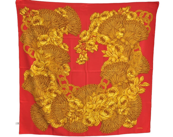 Authentic CHANEL Scarf Vintage Flower Motif CC Logo Silk Red K7925