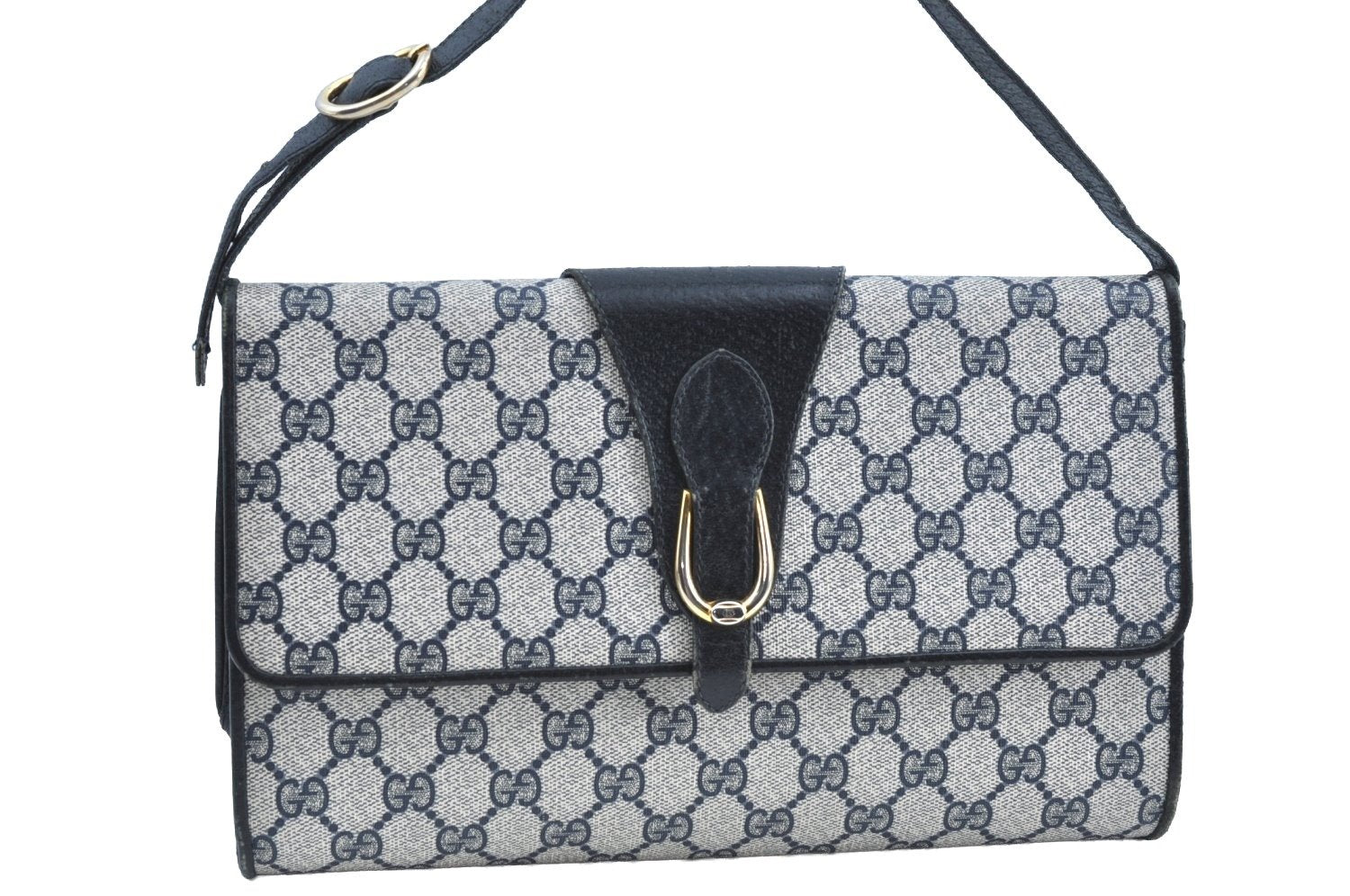 Authentic GUCCI 2Way Shoulder Clutch Hand Bag Purse GG PVC Leather Navy K7942