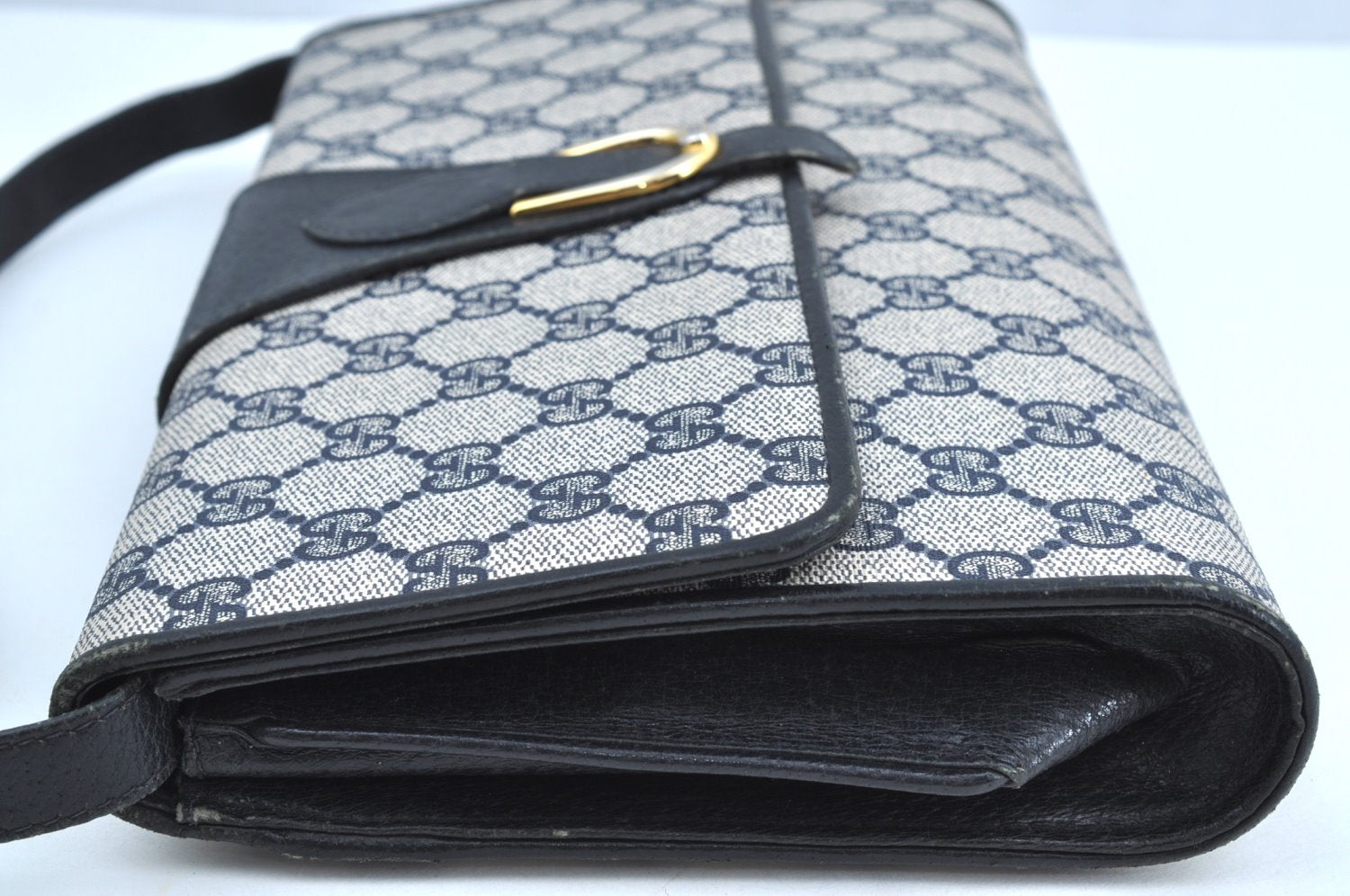 Authentic GUCCI 2Way Shoulder Clutch Hand Bag Purse GG PVC Leather Navy K7942