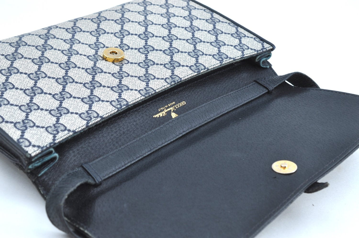 Authentic GUCCI 2Way Shoulder Clutch Hand Bag Purse GG PVC Leather Navy K7942