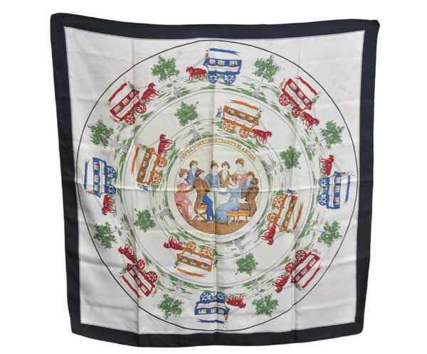 Authentic HERMES Carre 90 Scarf "JEU DES OMNIBUS ET DAMES" Silk Black K7960