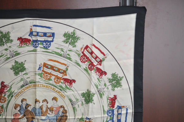 Authentic HERMES Carre 90 Scarf "JEU DES OMNIBUS ET DAMES" Silk Black K7960