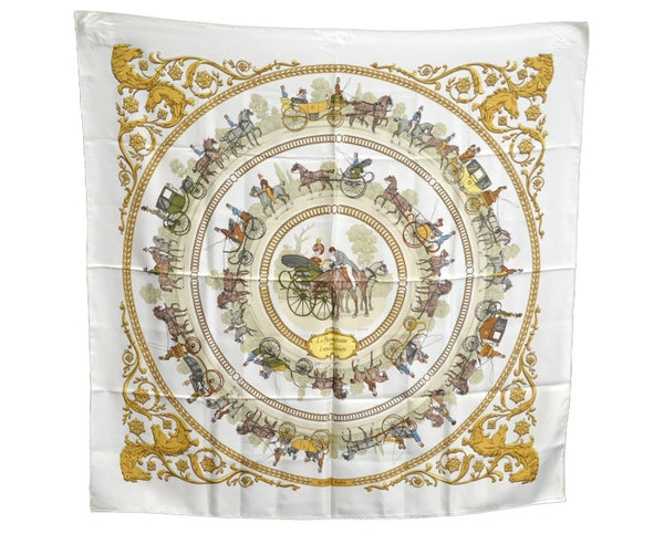 Authentic HERMES Carre 90 Scarf "LA PROMENADE DE LONGCHAMPS" Silk White K7961