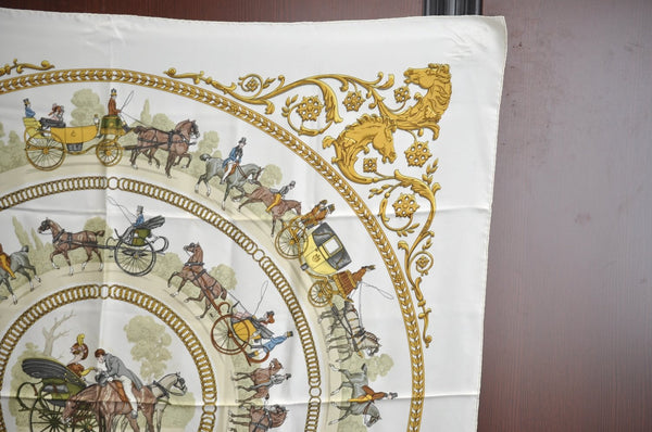 Authentic HERMES Carre 90 Scarf "LA PROMENADE DE LONGCHAMPS" Silk White K7961