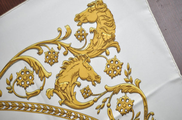 Authentic HERMES Carre 90 Scarf "LA PROMENADE DE LONGCHAMPS" Silk White K7961