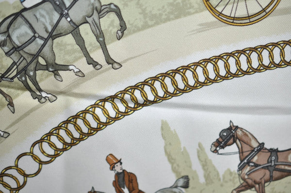 Authentic HERMES Carre 90 Scarf "LA PROMENADE DE LONGCHAMPS" Silk White K7961