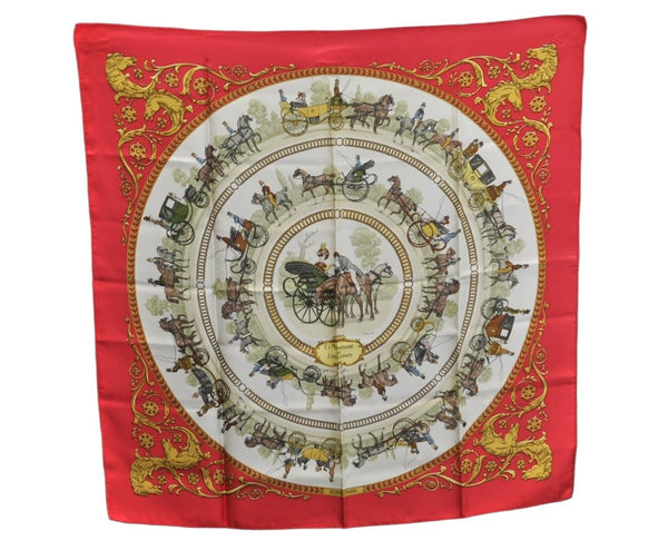 Authentic HERMES Carre 90 Scarf "LA PROMENADE DE LONGCHAMPS" Silk Red K7962