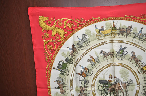 Authentic HERMES Carre 90 Scarf "LA PROMENADE DE LONGCHAMPS" Silk Red K7962