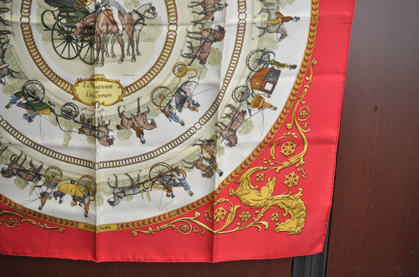 Authentic HERMES Carre 90 Scarf "LA PROMENADE DE LONGCHAMPS" Silk Red K7962