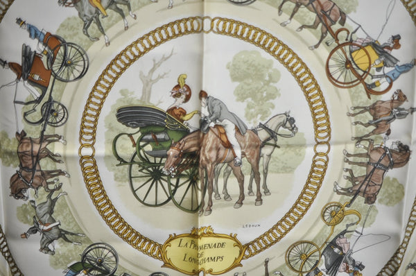 Authentic HERMES Carre 90 Scarf "LA PROMENADE DE LONGCHAMPS" Silk Red K7962