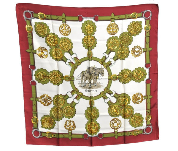 Authentic HERMES Carre 90 Scarf "Cuivreries" Silk Bordeaux Red K7963