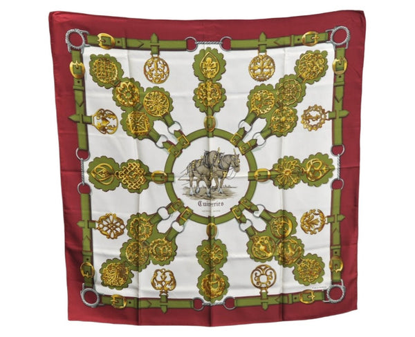 Authentic HERMES Carre 90 Scarf "Cuivreries" Silk Bordeaux Red K7963