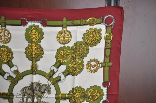 Authentic HERMES Carre 90 Scarf "Cuivreries" Silk Bordeaux Red K7963