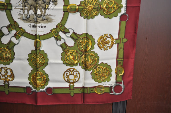 Authentic HERMES Carre 90 Scarf "Cuivreries" Silk Bordeaux Red K7963