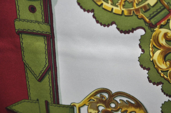 Authentic HERMES Carre 90 Scarf "Cuivreries" Silk Bordeaux Red K7963