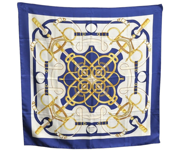 Authentic HERMES Carre 90 Scarf "Eperon d' or" Silk Blue K7967