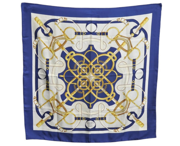 Authentic HERMES Carre 90 Scarf "Eperon d' or" Silk Blue K7967