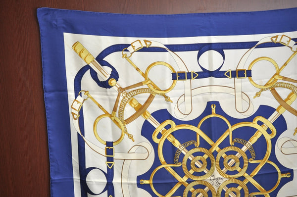 Authentic HERMES Carre 90 Scarf "Eperon d' or" Silk Blue K7967