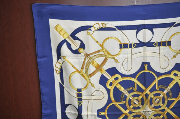 Authentic HERMES Carre 90 Scarf "Eperon d' or" Silk Blue K7967