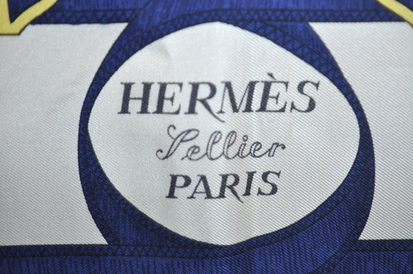 Authentic HERMES Carre 90 Scarf "Eperon d' or" Silk Blue K7967