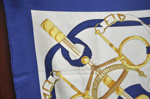 Authentic HERMES Carre 90 Scarf "Eperon d' or" Silk Blue K7967