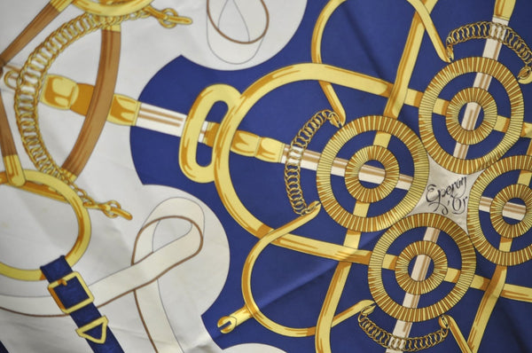 Authentic HERMES Carre 90 Scarf "Eperon d' or" Silk Blue K7967
