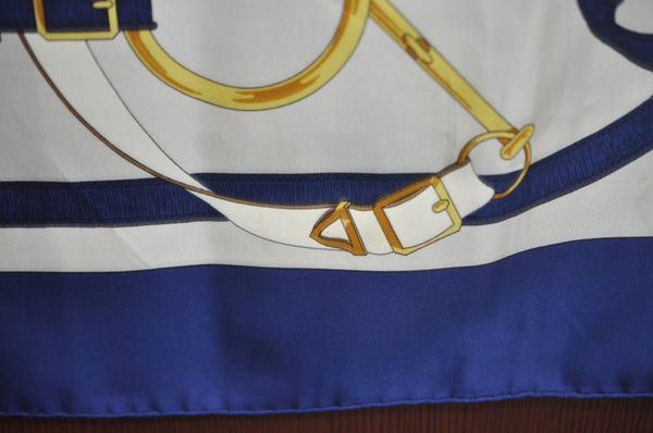 Authentic HERMES Carre 90 Scarf "Eperon d' or" Silk Blue K7967