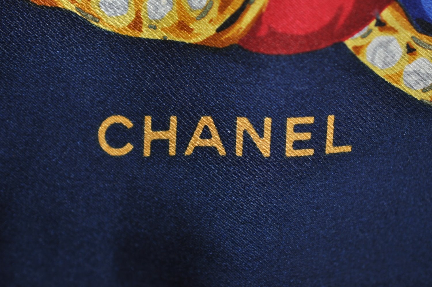 Authentic CHANEL Vintage Scarf Jewel Motif CC Logo Silk Navy Blue K7978