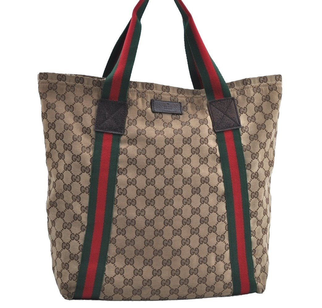 Authentic GUCCI Web Sherry Line Tote Bag GG Canvas Leather 189669 Brown K8051