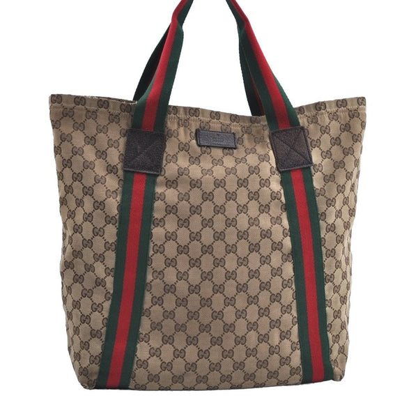 Authentic GUCCI Web Sherry Line Tote Bag GG Canvas Leather 189669 Brown K8051