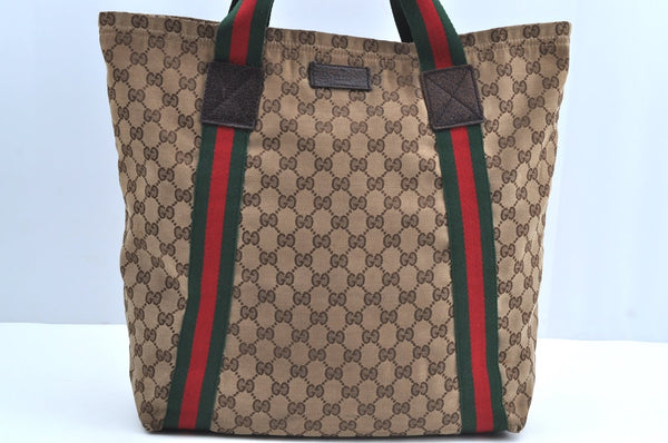 Authentic GUCCI Web Sherry Line Tote Bag GG Canvas Leather 189669 Brown K8051