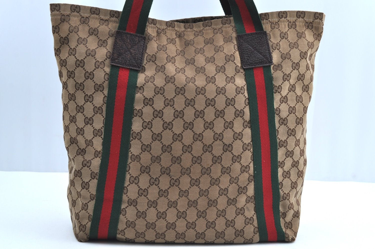 Authentic GUCCI Web Sherry Line Tote Bag GG Canvas Leather 189669 Brown K8051