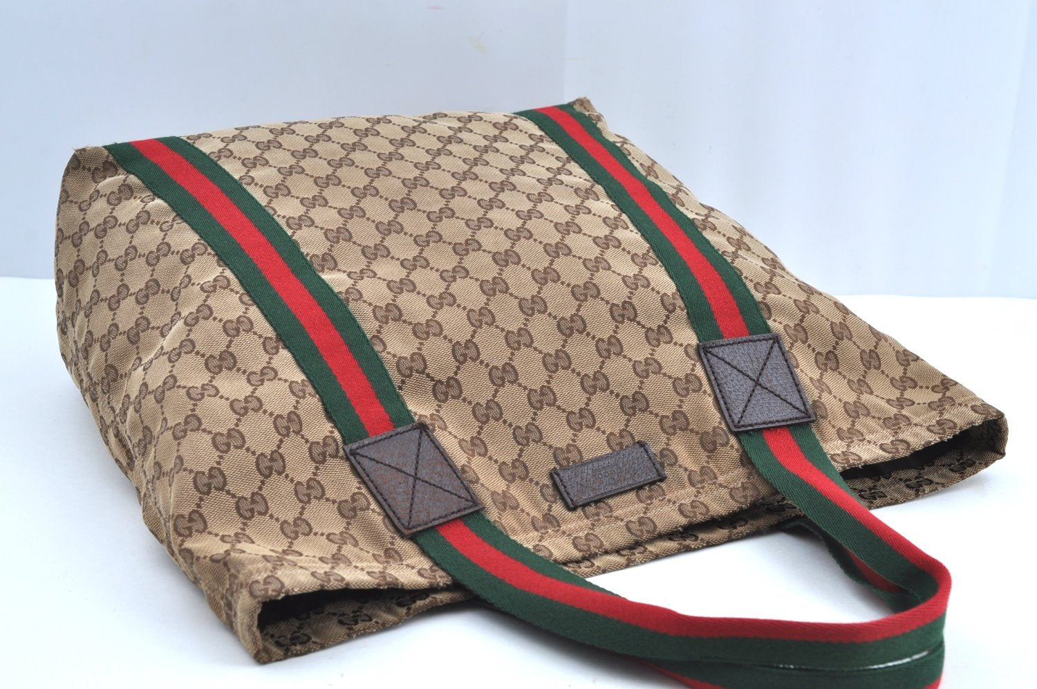 Authentic GUCCI Web Sherry Line Tote Bag GG Canvas Leather 189669 Brown K8051