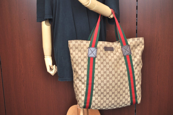 Authentic GUCCI Web Sherry Line Tote Bag GG Canvas Leather 189669 Brown K8051