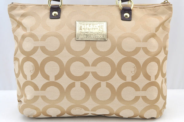 Authentic COACH Op Art Shoulder Tote Bag Canvas Leather 15307 Beige K8071