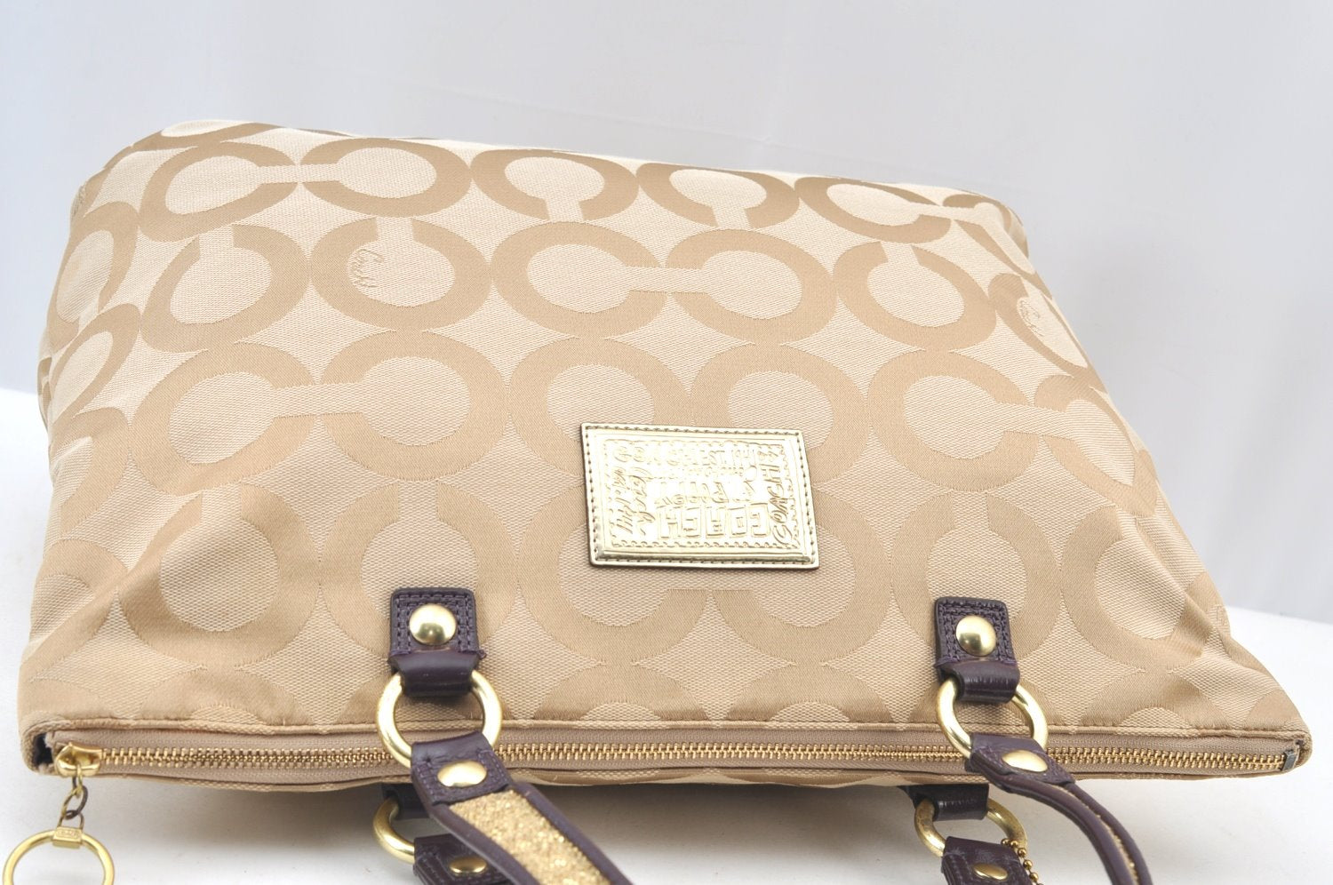 Authentic COACH Op Art Shoulder Tote Bag Canvas Leather 15307 Beige K8071