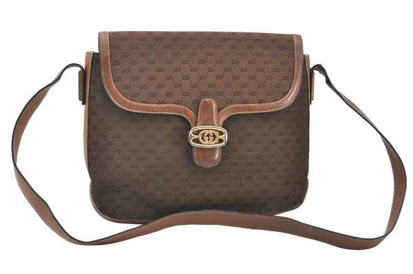 Authentic GUCCI Micro GG Canvas Leather Shoulder Cross Body Bag Brown K8155