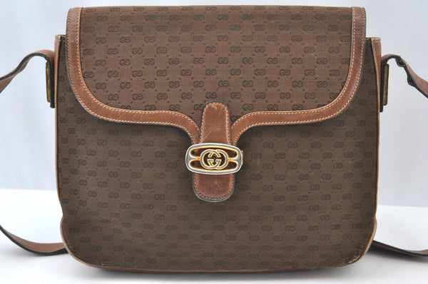 Authentic GUCCI Micro GG Canvas Leather Shoulder Cross Body Bag Brown K8155