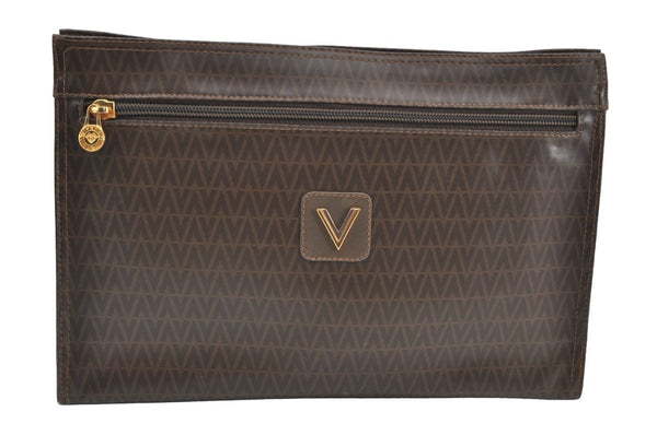 Authentic MARIO VALENTINO V Logo Clutch Hand Bag Purse PVC Leather Brown K8177