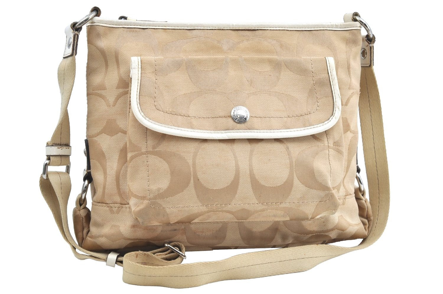Authentic COACH Signature Shoulder Cross Bag Canvas Leather F16558 Beige K8179