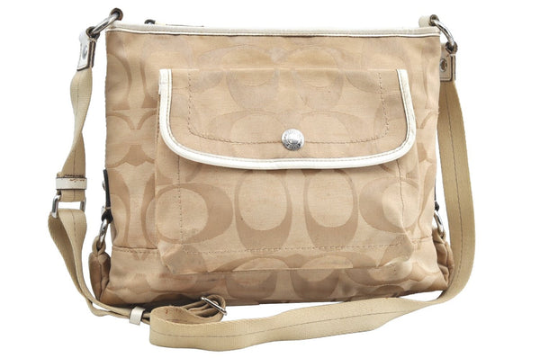Authentic COACH Signature Shoulder Cross Bag Canvas Leather F16558 Beige K8179