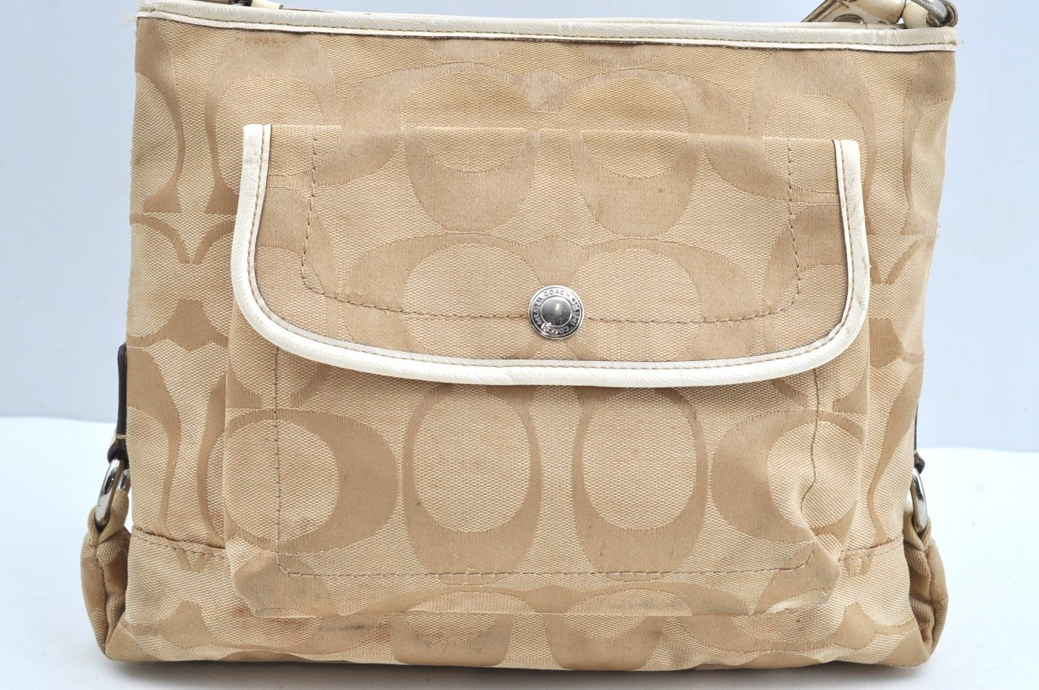 Authentic COACH Signature Shoulder Cross Bag Canvas Leather F16558 Beige K8179